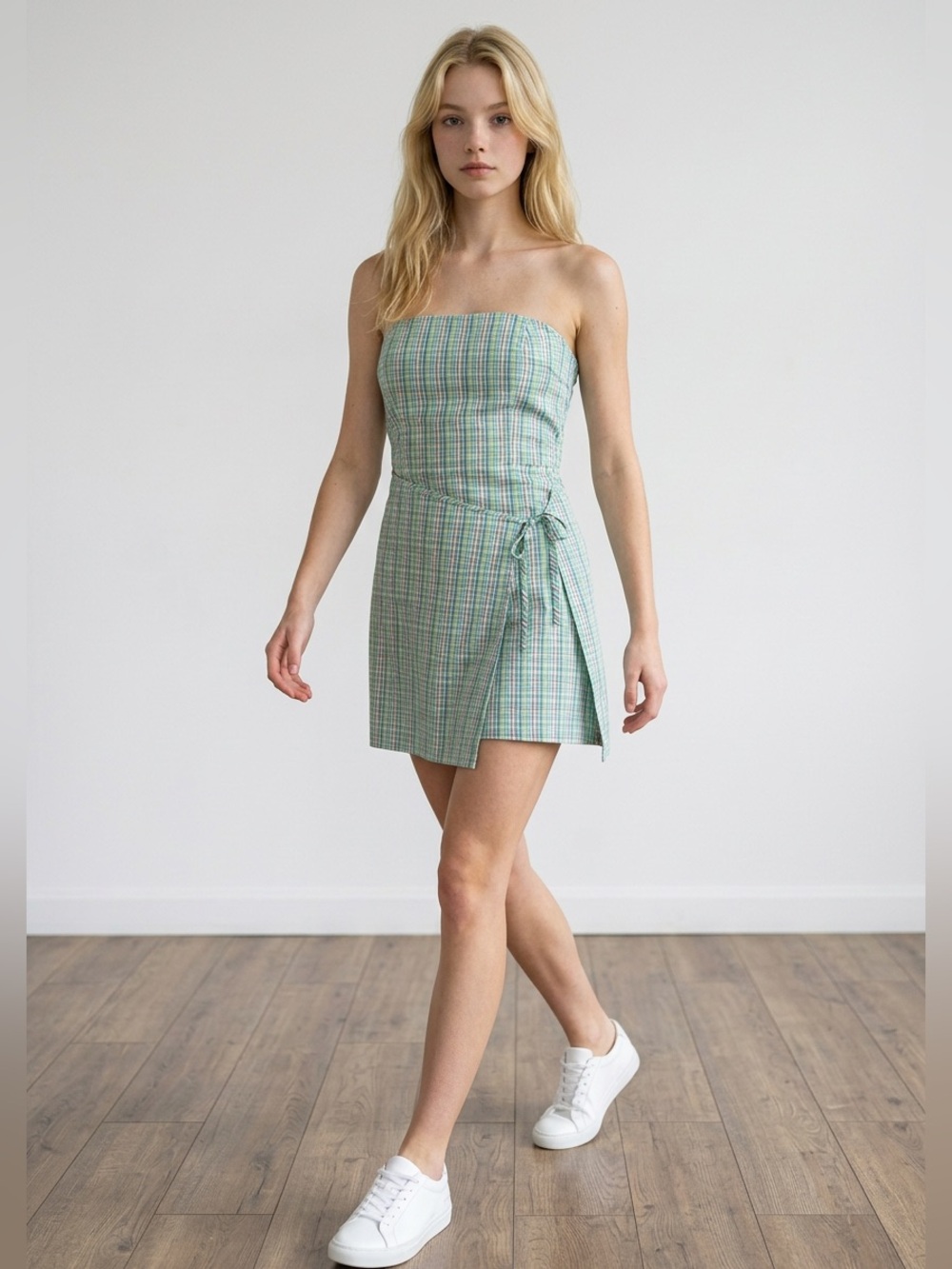 BDG Mint Plaid Strapless Mini Dress with Side Tie